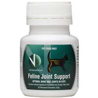 Feline Joint Support consists of tasty, chicken flavoured tablets for kittens and cats. It is an ideal joint care treatment for kittens, aged cats and convalescing felines. Administered as a food supplement the tablets fill up the gap of an unbalanced diet. Made up of natural ingredients, these tablets prevent joint disorders in all breeds of cats.    Information:     Manufactured by Vetalogica, Feline Joint Support tablets are an absolute cat joint care treatment. Made by combining vitamins, minerals, omega oils and antioxidants in a ratio suitable for feline joint care, the tablets prevent and repair bone and joint disorders. The tablets are perfect dietary supplements for growing kittens, aging cats and felines susceptible to pre-disposed joint problems.    The tablets provide healthy joint development by aiding in the development of the muscular - skeletal system of cats. Developed by Glucosamend Joint Care technology, the tablets are safe for all breeds of cats and have practical