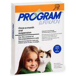 Program for cats is a monthly treatment for ridding flea infestations. It acts on the flea life stages and kills larvae and pupae thus eliminating all chances of flea multiplication. A fast acting formula, Program tablets and oral suspensions kill fleas on cats within 24-48 hours and remain effective for one month.    Information:     Manufactured by Novartis, Program tablets and suspension for cats are given orally. Lufenuron, the active ingredient acts from within the cat&rsquo;s body by circulating in the bloodstream of the feline. It attacks flea eggs and breaks its life cycle thus preventing flea re-infestations. To get the best benefits, it should be administered with food so that the ingredients are completely absorbed.    This long-term flea control treatment inhibits complete flea infestations when administered two months before fleas become active and continued for six months. Just give one dose on a monthly basis and make your cat flea free.
