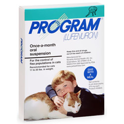 Program for cats is a monthly treatment for ridding flea infestations. It acts on the flea life stages and kills larvae and pupae thus eliminating all chances of flea multiplication. A fast acting formula, Program tablets and oral suspensions kill fleas on cats within 24-48 hours and remain effective for one month.    Information:     Manufactured by Novartis, Program tablets and suspension for cats are given orally. Lufenuron, the active ingredient acts from within the cat&rsquo;s body by circulating in the bloodstream of the feline. It attacks flea eggs and breaks its life cycle thus preventing flea re-infestations. To get the best benefits, it should be administered with food so that the ingredients are completely absorbed.    This long-term flea control treatment inhibits complete flea infestations when administered two months before fleas become active and continued for six months. Just give one dose on a monthly basis and make your cat flea free.