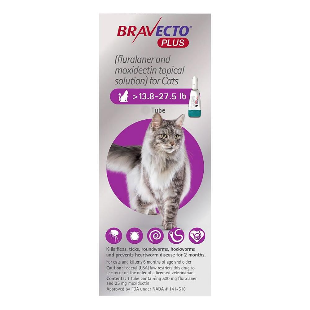 Bravecto Plus For Large Cats 500 Mg 13.75 To 27.5 Lbs Purple 3 Doses