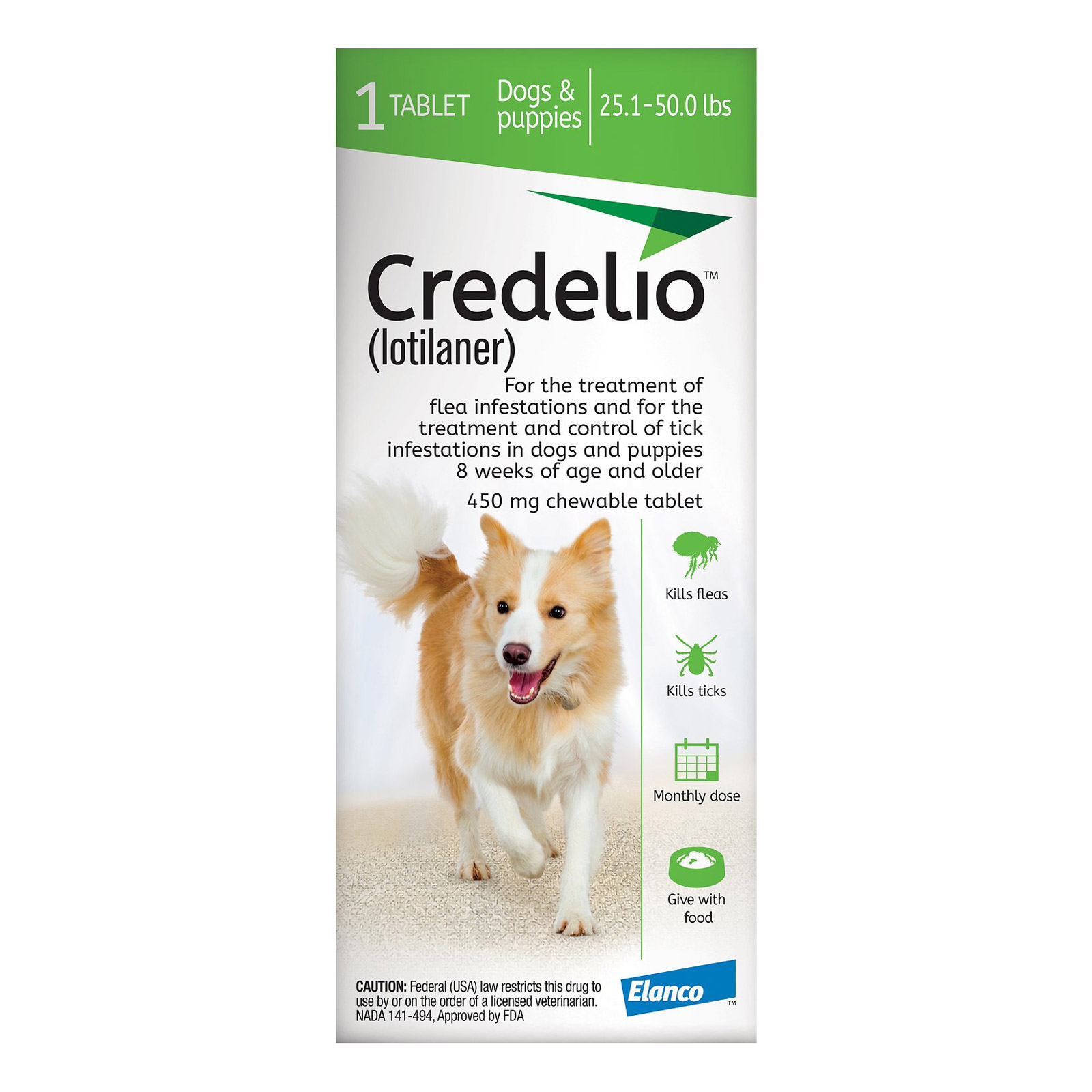 

Credelio For Dogs 25 To 50 Lbs (450mg) Green 3 Doses