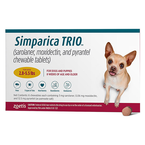 Simparica Trio For Dogs 2.8-5.5 Lbs Gold 12 Chews
